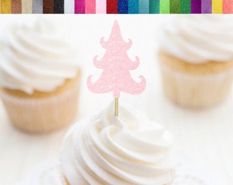 Fancy Christmas Tree Cupcake Toppers, Pastel Christmas Party Decorations, Pink Christmas Party Decor, Pink Winter Birthday Party Toppers