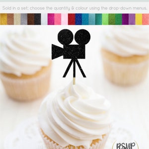 Video Camera Cupcake Toppers, Film Reel Food Picks, Hollywood Themed Party Decor, Film School Graduation, Movie Toppers, Cinema Birthday