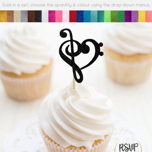 Music Heart Cupcake Toppers, Treble Bass Clef Heart Sign, Musical Wedding Decorations, Music Themed Party Decor, Musician Wedding Decor