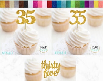 Number 35 Cupcake Toppers, Thirty Five Food Picks, 35th Birthday Decorations, 35th Anniversary Party Decorations, Glitter "35" Toppers