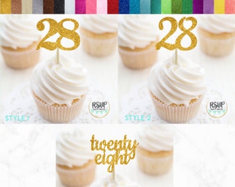 Number 28 Cupcake Toppers, Twenty Eight Food Picks, 28th Birthday Decorations, 28th Anniversary Party Decorations, Glitter "28" Toppers