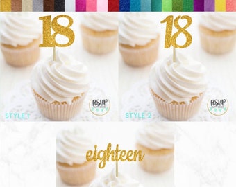 Number 18 Cupcake Toppers, Eighteen Food Picks, 18th Birthday Decorations, 18th Anniversary Party Decorations, Glitter "18" Toppers