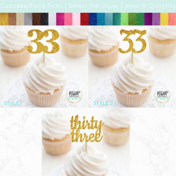 Number 33 Cupcake Toppers, Thirty Three Food Picks, 33rd Birthday Decorations, 33rd Anniversary Party Decorations, Glitter "33" Toppers