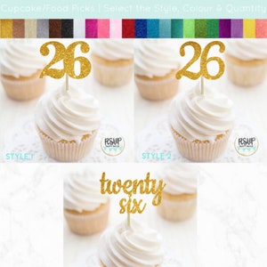 Number 26 Cupcake Toppers, Twenty Six Food Picks, 26th Birthday Decorations, 26th Anniversary Party Decorations, Glitter &quot;26&quot; Toppers