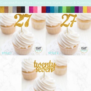 Zahl 27 Cupcake Toppers, 27 Cupcake Toppers, 27. Geburtstag Dekoration, 27. Jahrestag Party Dekoration, Glitzer &quot;27&quot; Toppers