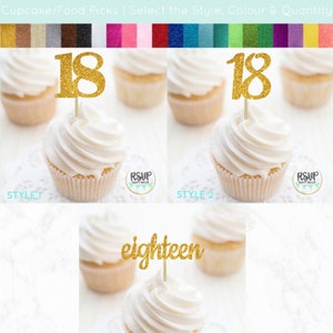 Number 18 Cupcake Toppers, Eighteen Food Picks, 18th Birthday Decorations, 18th Anniversary Party Decorations, Glitter "18" Toppers