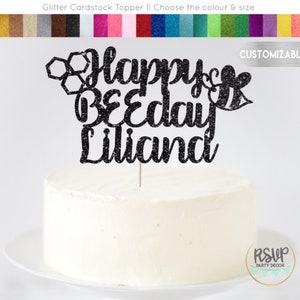 Topper de pastel feliz personalizado, decoraciones de cumpleaños temáticas de abejas, suministros de fiesta de abeja, decoración de fiesta de abeja, topper de pastel de abejorro
