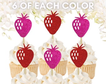 12 pcs Strawberry Cupcake Toppers, Berry 1st Birthday Decorations, Sweet One Berry Themed Birthday Decor, 1st Birthday Fruit Berries