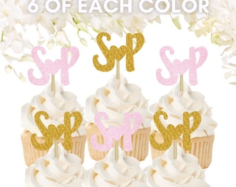 Toppers personalizados para cupcake de festa de noivado, toppers personalizados para cupcake de casamento, toppers iniciais para cupcake, toppers para cupcake com letras - 12 peças
