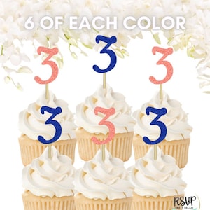 Third Birthday Party Decorations, 3 Cupcake Toppers, Party Decor for 3rd Birthday Decorations, Three Cupcake Toppers, Number 3 Picks 12 PCS