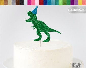 2-Colour Party Hat Dinosaur Cake Topper, Dinosaur Party Decor, Custom Dinosaur Birthday Decorations, T-Rex Cake Topper, Dinosaur Party Theme