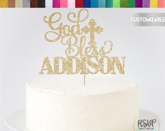 Custom God Bless Cake Topper, Baptism Cake Topper, Communion Cake Topper, Confirmation Cake Topper, Christening Topper, Personalized Name