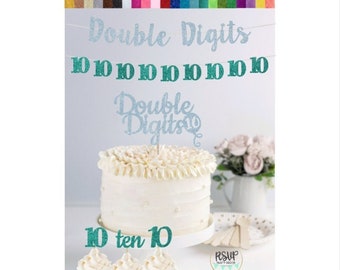 10th Birthday Party Decor, Double Digits Party Decorations, Double Digits Cake Topper, Double Digits Banner, 10 Ten Cupcake Toppers - 21 PCS