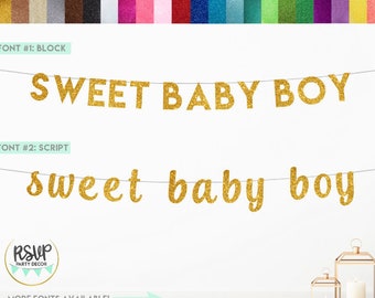 Sweet Baby Boy Banner - Gold Glitter Baby Shower Decoration, Gender Reveal Garland With Blue Hearts