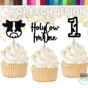18 個の Holy Cow I&#39;m One カップケーキトッパーセット、牛の 1 歳の誕生日デコレーション、農場の 1 歳の誕生日パーティーデコレーション、納屋の 1 歳の誕生日デコレーション