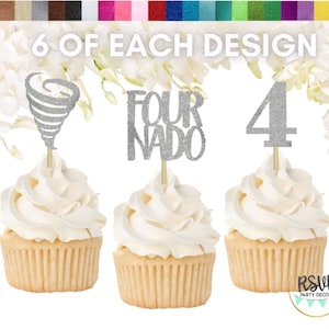 18 PCS Fournado Cupcake Topper Set, Tornado 4th Birthday Decorations, Weather 4th Birthday Party Decor, Four-nado Cupcake Toppers, 4 Decor
