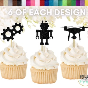 18 PCS Robot Cupcake Topper Set, Robot Party Decorations, Robot Birthday Party Decor, Science Cupcake Toppers, Engineer Party Decor