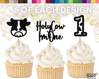 18 PCS Holy Cow I'm One Cupcake Topper Set, Cow 1st Birthday Decorations, Farm 1st Birthday Party Decor, Barn 1st Birthday Decorations