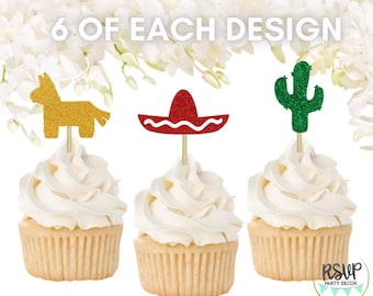 18 PCS Fiesta Cupcake Toppers, Tex Mex Food Picks, Fiesta Party Decorations, Mexican Birthday Decor, Cactus Party Decor, Sombrero Toppers