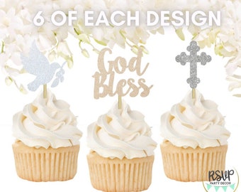 18 PCS Holy Sacrament Cupcake Toppers, God Bless Toppers, Christening Baptism Cupcake Toppers, Communion Cupcake Toppers, Cross Food Picks