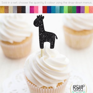 Pu&ograve; includere: Topper per cupcake a forma di giraffa con glitter nero. Venduto in set, scegli la quantit&agrave; e il colore usando i menu a tendina. RSVP Party Decor.