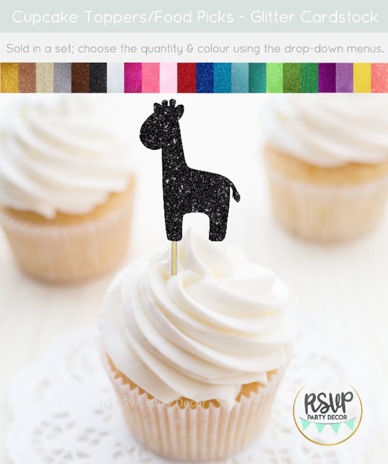 Pu&ograve; includere: Topper per cupcake a forma di giraffa con glitter nero. Venduto in set, scegli la quantit&agrave; e il colore usando i menu a tendina. RSVP Party Decor.