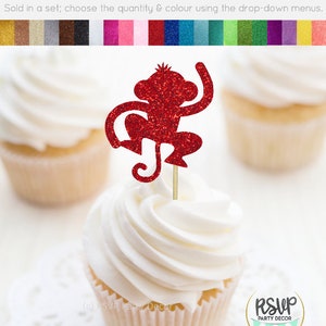 K&ouml;nnte beinhalten: Roter Glitzer-Affen-Cupcake-Topper. Wird im Set verkauft, w&auml;hlen Sie die Menge und Farbe &uuml;ber die Dropdown-Men&uuml;s. @MPSVR Party Decor RSUP PARTY DECOR