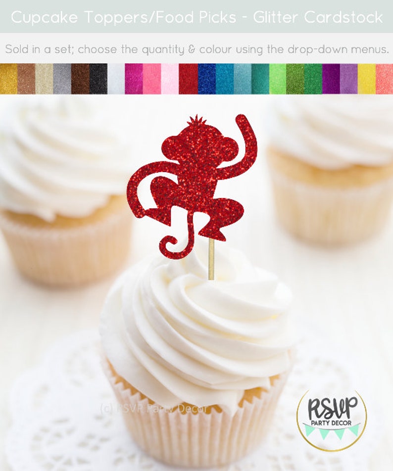 K&ouml;nnte beinhalten: Roter Glitzer-Affen-Cupcake-Topper. Wird im Set verkauft, w&auml;hlen Sie die Menge und Farbe &uuml;ber die Dropdown-Men&uuml;s. @MPSVR Party Decor RSUP PARTY DECOR