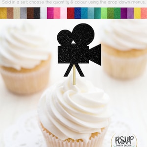 Videocamera Cupcake Toppers, Scelte cibo bobina di film, Decorazioni per feste a tema Hollywood, Laurea scuola di cinema, Toppers film, Compleanno al cinema