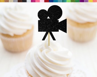 Video Camera Cupcake Toppers, Film Reel Food Picks, Hollywood Themed Party Decor, Film School Graduation, Movie Toppers, Cinema Birthday