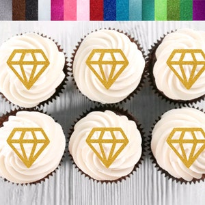 May include: Six chocolate cupcakes with white frosting, each topped with a gold glitter diamond design. The cupcakes are arranged on a light wood surface. The image includes a color palette at the top and the text "RSVP Party Decor" at the bottom.