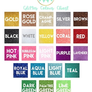 K&ouml;nnte beinhalten: Eine Tabelle mit 18 verschiedenen Glitzerfarben. Die Farben sind in Reihen und Spalten angeordnet. Die Farben umfassen Gold, Ros&eacute;gold, Champagner, Silber, Braun, Schwarz, Wei&szlig;, Gelb, Koralle, Rot, Pink, Bubblegum-Pink, Hellrosa, Lila, Lavendel, K&ouml;nigsblau, Aquablau, Hellblau, T&uuml;rkis, Dunkelgr&uuml;n, Palmengr&uuml;n und Limettengr&uuml;n. Der Text "Glitter Colour Chart" befindet sich oben in der Tabelle. Der Text "Bitte beachten Sie: Alle Glitzerfarben sind einseitig. Die R&uuml;ckseite ist mattwei&szlig;. Farbabweichungen k&ouml;nnen aufgrund unterschiedlicher Bildschirm-/Monitoreinstellungen auftreten." befindet sich unten in der Tabelle.