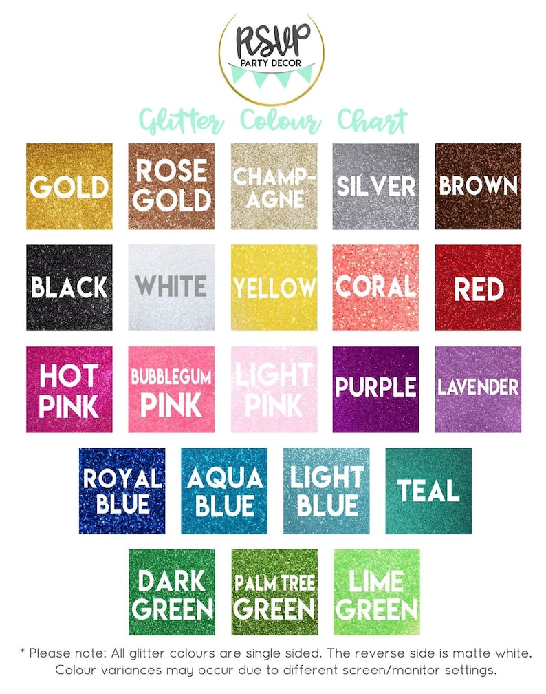 K&ouml;nnte beinhalten: Eine Tabelle mit 18 verschiedenen Glitzerfarben. Die Farben sind in Reihen und Spalten angeordnet. Die Farben umfassen Gold, Ros&eacute;gold, Champagner, Silber, Braun, Schwarz, Wei&szlig;, Gelb, Koralle, Rot, Pink, Bubblegum-Pink, Hellrosa, Lila, Lavendel, K&ouml;nigsblau, Aquablau, Hellblau, T&uuml;rkis, Dunkelgr&uuml;n, Palmengr&uuml;n und Limettengr&uuml;n. Der Text "Glitter Colour Chart" befindet sich oben in der Tabelle. Der Text "Bitte beachten Sie: Alle Glitzerfarben sind einseitig. Die R&uuml;ckseite ist mattwei&szlig;. Farbabweichungen k&ouml;nnen aufgrund unterschiedlicher Bildschirm-/Monitoreinstellungen auftreten." befindet sich unten in der Tabelle.