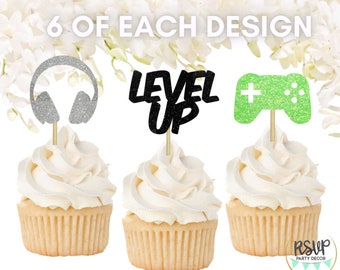 18 PCS Video Game Cupcake Toppers, Video Game Party Decorations, Gamer Cupcake Toppers, Video Game Birthday Decor, Level Up Cupcake Toppers