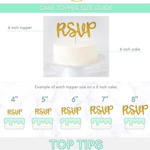May include: A guide to help you choose the right size cake topper for a 6 inch cake. The guide shows examples of cake toppers in different sizes, from 4 inches to 8 inches, on a 6 inch cake. The text "RSVP" is featured on each topper. The guide also includes tips for choosing the right size topper.