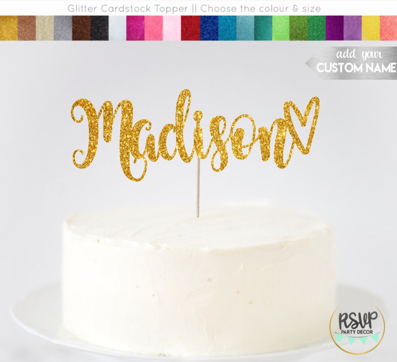 HEART Custom Cake Topper Name Cake Topper With Heart Glitter Etsy