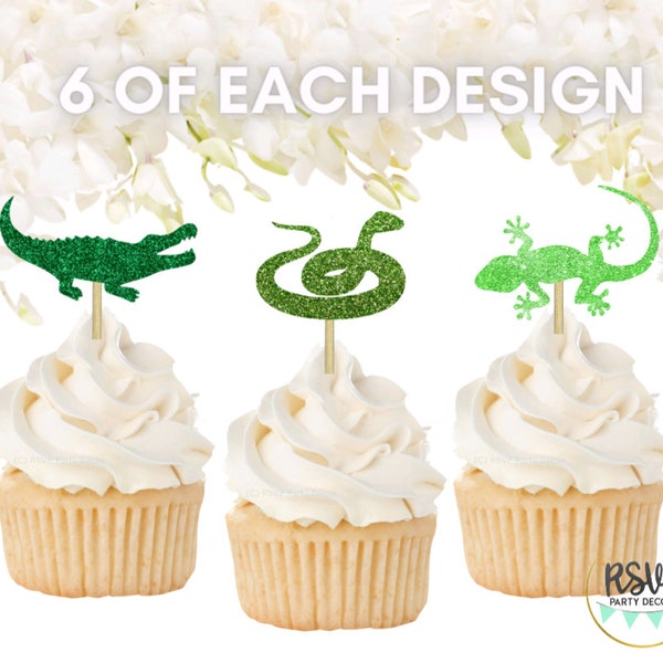 18 PCS Reptile Cupcake Toppers, Reptile Birthday Party Decorations, Lizard Party Decor, Aligator Birthday Decor, Snake Party Decorations