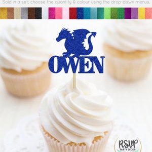 Dragon Party Decorations with Personalization, Custom Dragon Cupcake Toppers, Dragon Party Decorations for Birthday, Fantasy Party Decor
