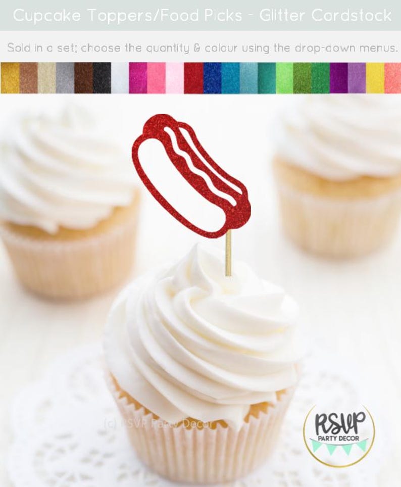 May include: A red glitter hot dog cupcake topper on a gold stick, placed on a cupcake with white frosting. The image includes other cupcakes and a colour palette for selection.