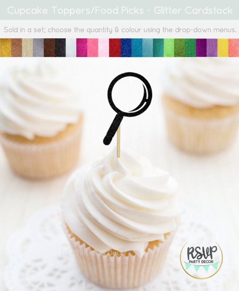 K&ouml;nnte beinhalten: Schwarzer Glitzer-Lupe-Cupcake-Topper. Wird im Set verkauft, w&auml;hlen Sie die Menge und Farbe &uuml;ber die Dropdown-Men&uuml;s. RSVP Party Decor.