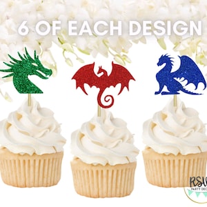 18 PCS Dragon Cupcake Toppers, Dragon Food Picks, Dragon Party Decorations, Medieval Knight Birthday Decor, Fantasy Themed Party Decorations image 1