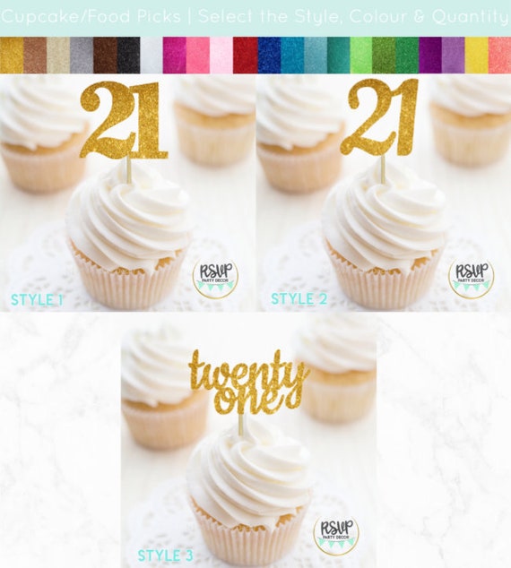 Number 21 Cupcake Toppers, Twenty One Food Picks, 21st Birthday Decorations, 21st Anniversary Party Decorations, Glitter "21" Toppers Il_570xn