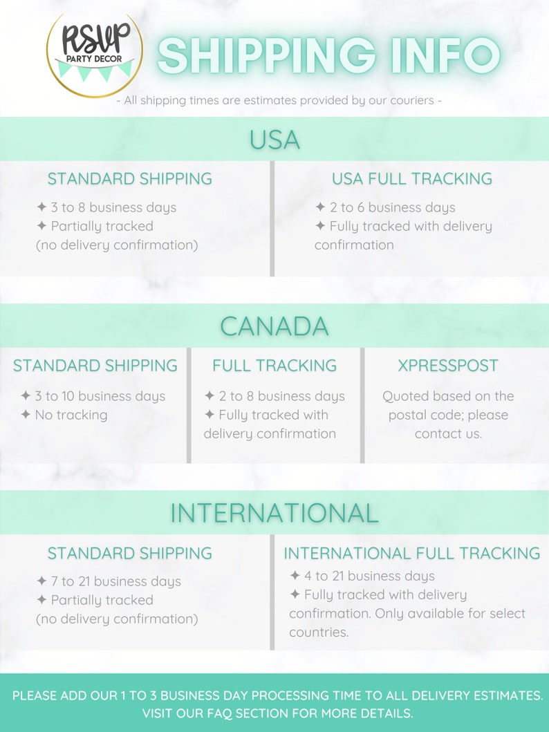 May include: A chart with shipping information for the United States, Canada, and International locations. The chart lists the shipping methods, estimated delivery times, and tracking information for each location.
