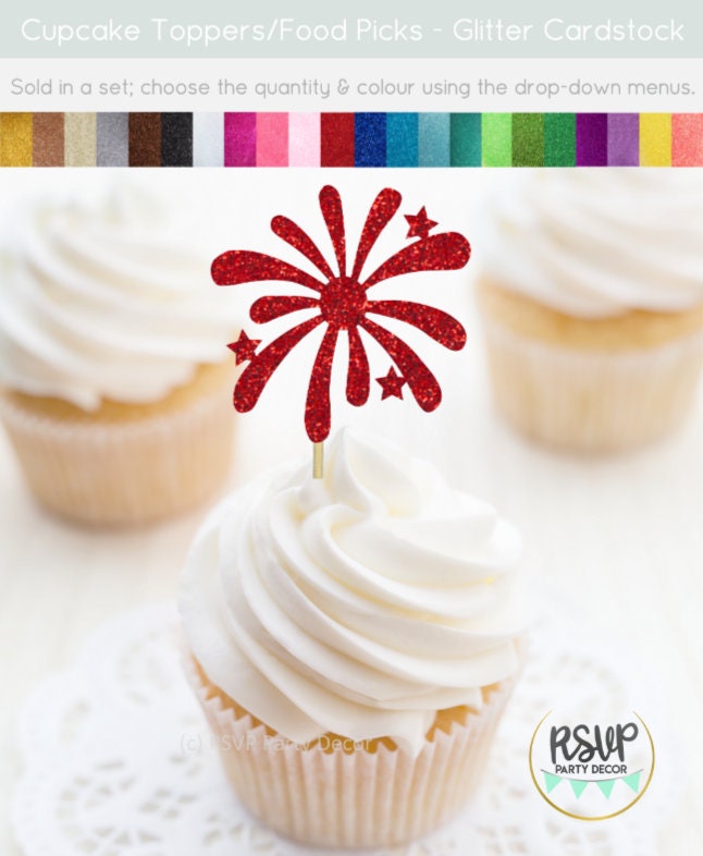 Firework Cupcake Toppers, Fourth of July Party Decor, July 4th Cupcake Toppers, Canada Day Party Decorations, New Years Eve Food Picks, NYE