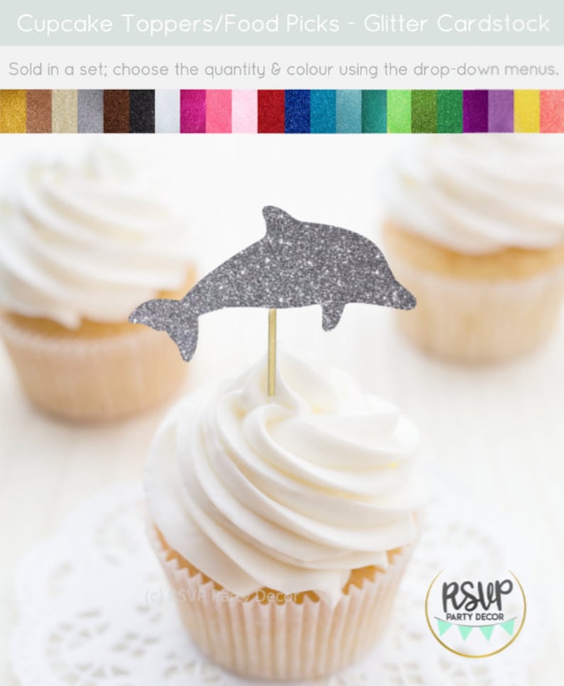24 Blue Glitter Dolphin Cupcake Toppers Baby Shower Birthday Under
