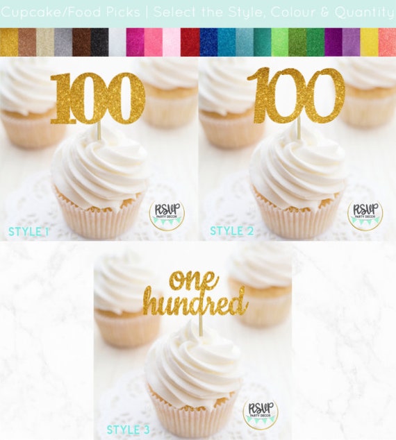 Number 100 Cupcake Toppers, "One Hundred" Food Picks, 100th Birthday
