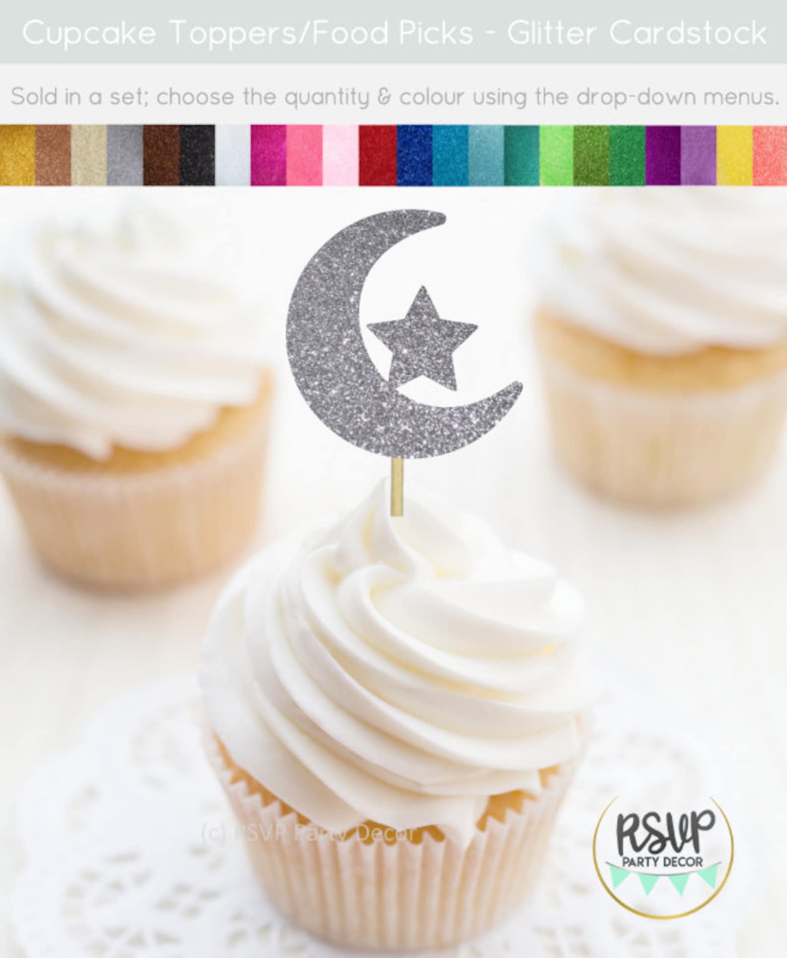 Moon and Star Cupcake Toppers Space Party Decorations Eid | Etsy