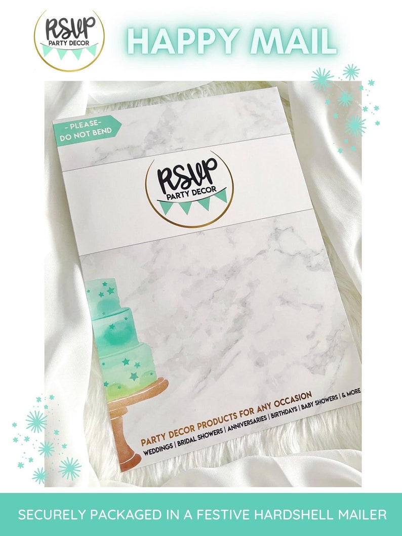 May include: A white and gray marble-patterned mailer with the text "HAPPY MAIL" and "RSVP PARTY DECOR". The mailer features a watercolor illustration of a three-tiered cake. Text on the mailer reads "PARTY DECOR PRODUCTS FOR ANY OCCASION".
