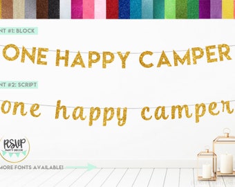 ONE Happy Camper Banner, Camp Themed First Birthday Decorations, Forest 1st Birthday Banner, Glitter One Happy Camper Sign