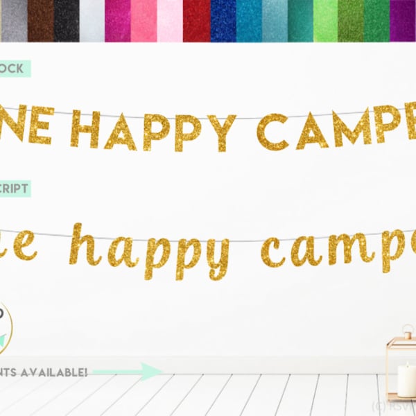 ONE Happy Camper Banner, Camp Themed First Birthday Decorations, Forest 1st Birthday Banner, Glitter One Happy Camper Sign